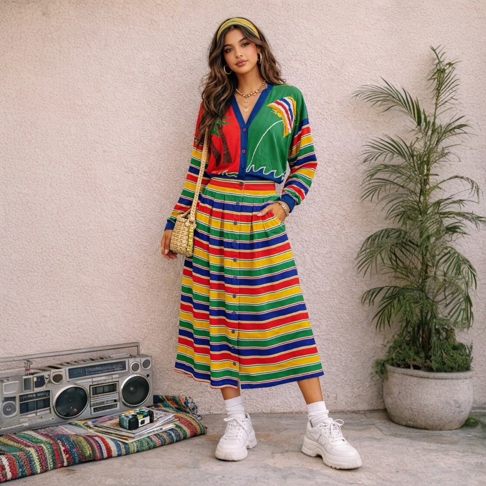 Vintage Marisa Christina Tropical Palm Serape Skirt Set Bold Maximalist 90s